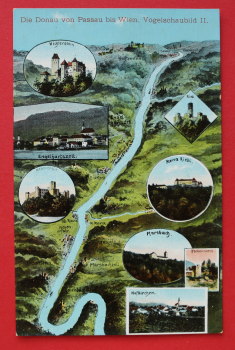 AK Die Donau von Passau bis Wien / 1910-1920 / Vogelschau / Künstler Karte Eugen Felle / Hofkirchen / Falkenstein / Marsbach / Rana Riedl / Ried / Wesenstein / Engelhartszell / Vichtenstein / Oberösterreich